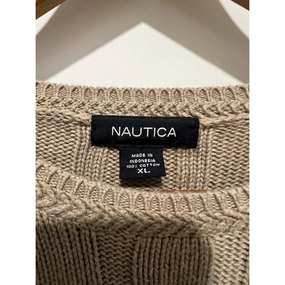 Vintage‎ Mens Nautica Cable Knit Ribbed Sweater 100% Cotton XL Oatmeal Beige